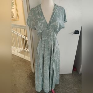 Green Sage Wheat Flow'y Printed Button Down Dress by Malene Beauty Collection